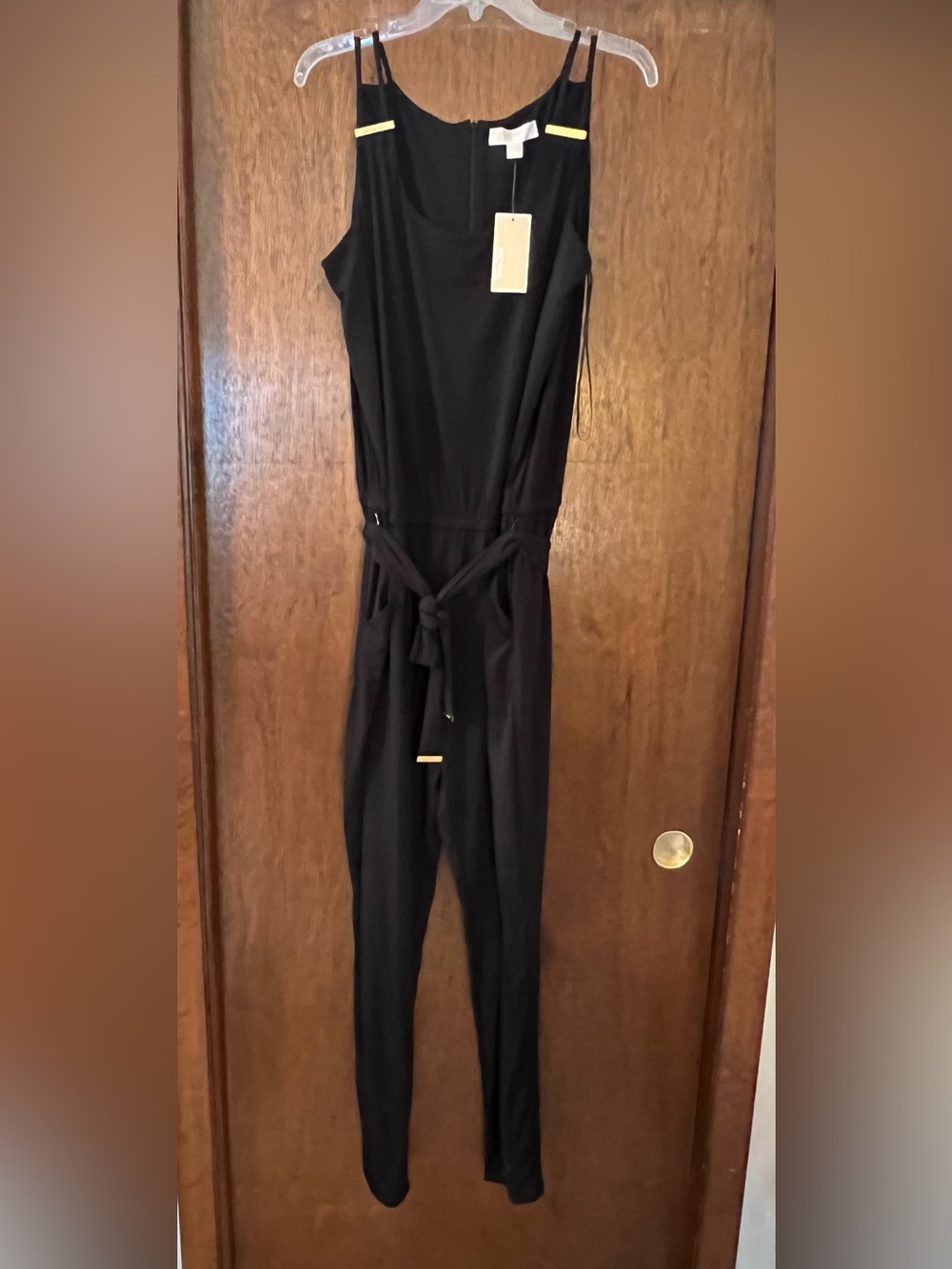 Michael Kors XL Black Sleeveless Jumpsuit with Belt and Gold Accents
